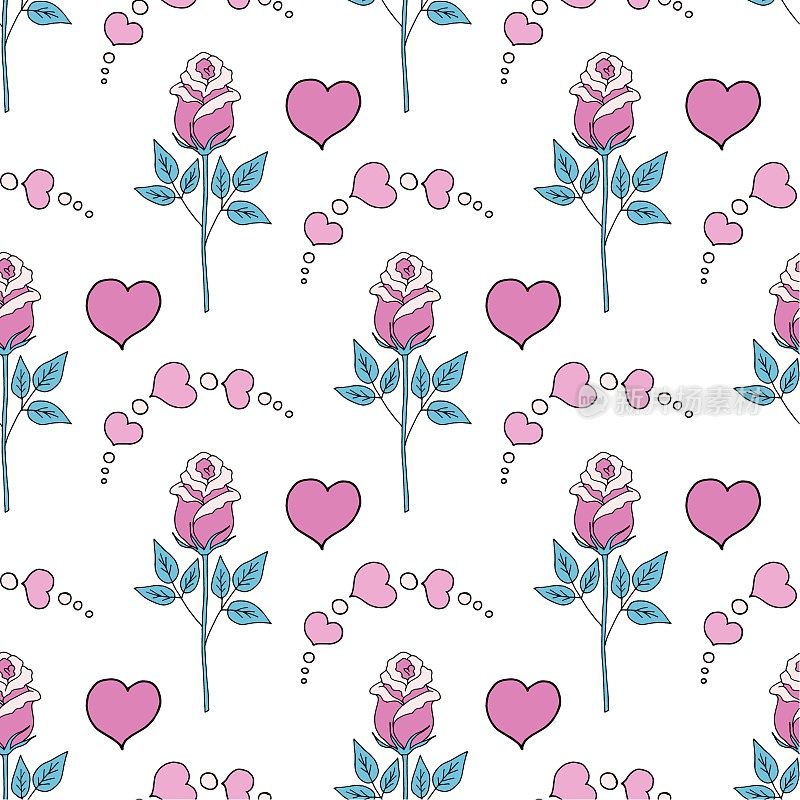 Valentines day seamless pattern roses and hearts. romantic seamless pattern with red hearts on a color background by day of wedding or valentines day